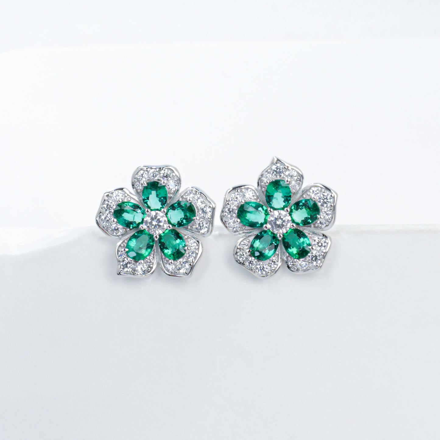 925 Sterling Silver Flower Stud Earrings, Oval Cut Lab Grown Emerald Earrings with Pave CZ