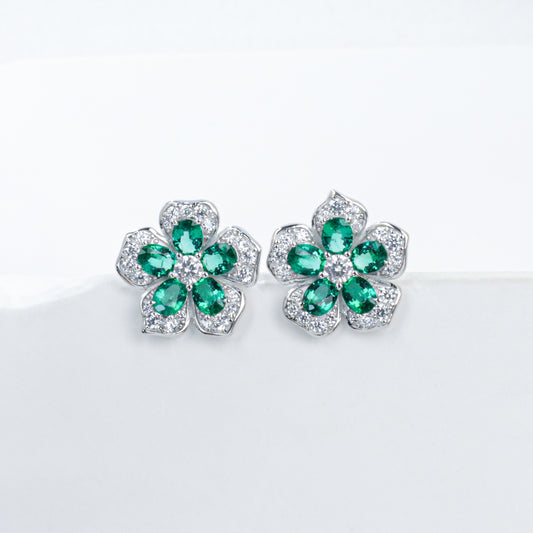 925 Sterling Silver Flower Stud Earrings, Oval Cut Lab Grown Emerald Earrings with Pave CZ