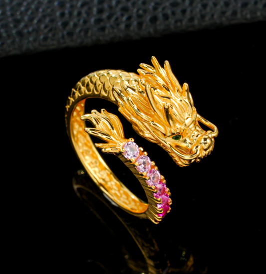 S925 Sterling Silver 22K Gold Plated 3D Sculpted Chinese Dragon Statement Ring