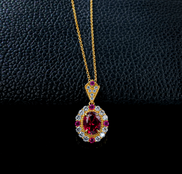 S925 Sterling Silver Lab Grown Ruby Oval Cut Halo Vintage Pendant Necklace