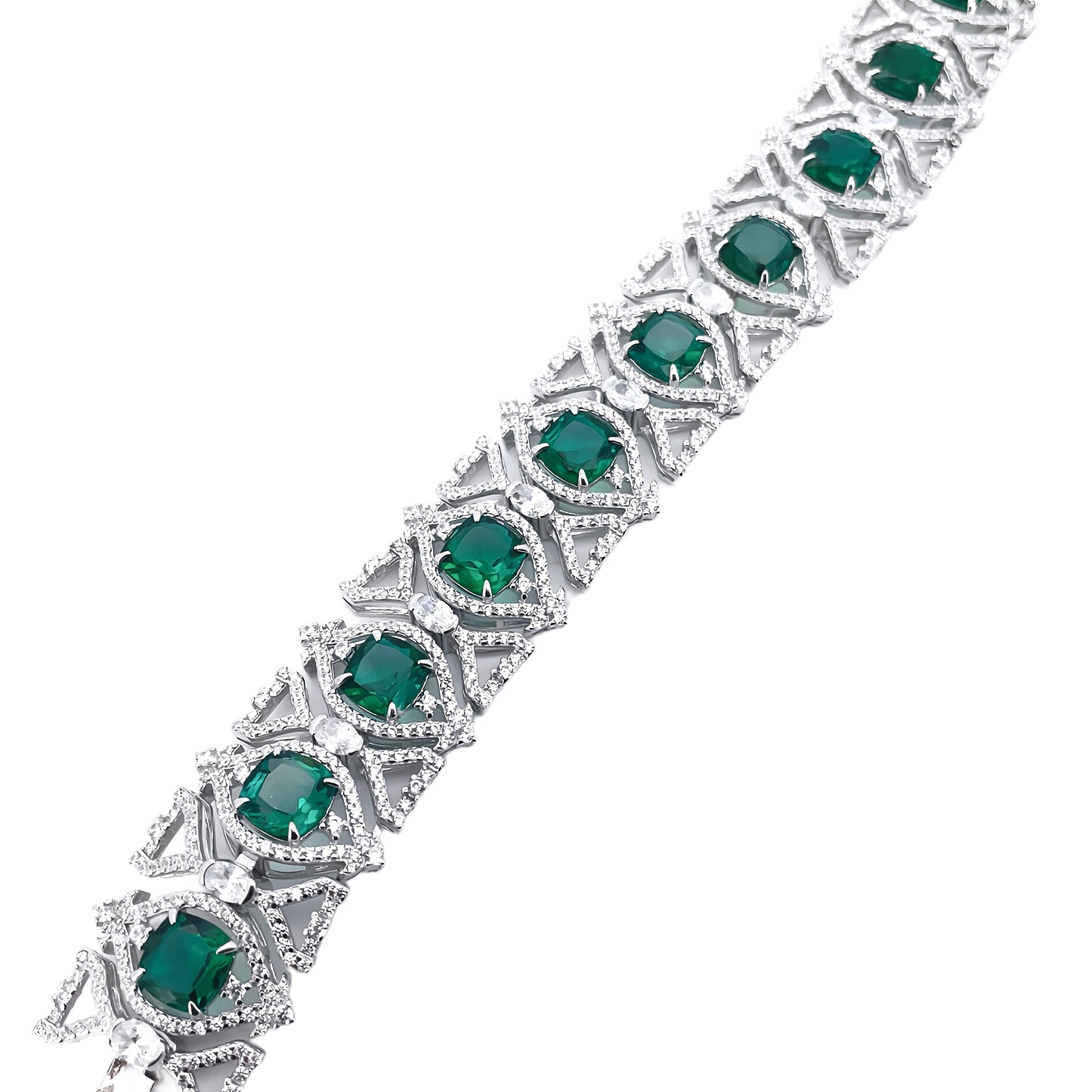 Lab Grown Emerald Art Deco Statement Bracelet, S925 Sterling Silver Heavy Green Gemstone Bangle