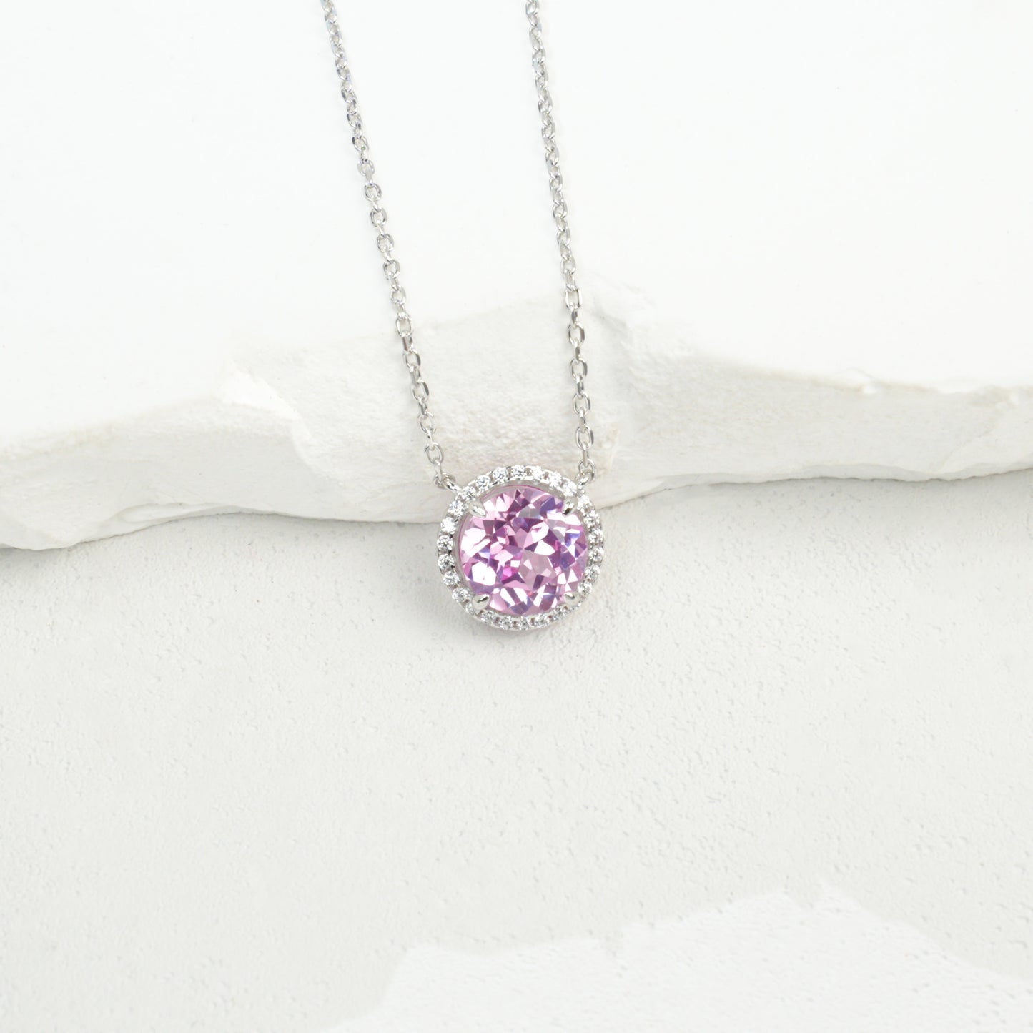 Lab Grown Padparadscha Pink Sapphire Halo Pendant Necklace, 925 Sterling Silver, 8mm 2.62ct