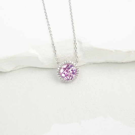 Lab Grown Padparadscha Pink Sapphire Halo Pendant Necklace, 925 Sterling Silver, 8mm 2.62ct