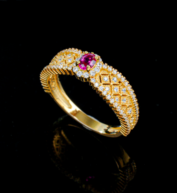 S925 Sterling Silver Gold Plated Ruby Vintage Lattice Ring