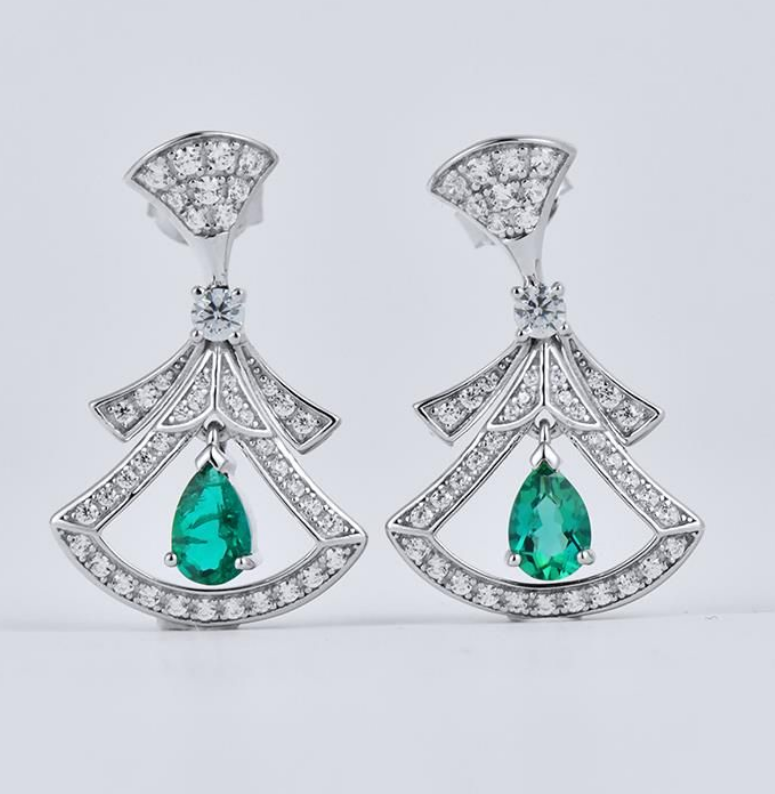 S925 Sterling Silver Lab Grown Emerald Pear Cut Skirt Shape Stud Earrings