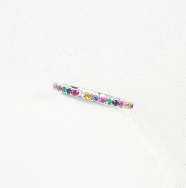 S925 Sterling Silver Rainbow Multicolored Gemstone Half Eternity Stackable Ring