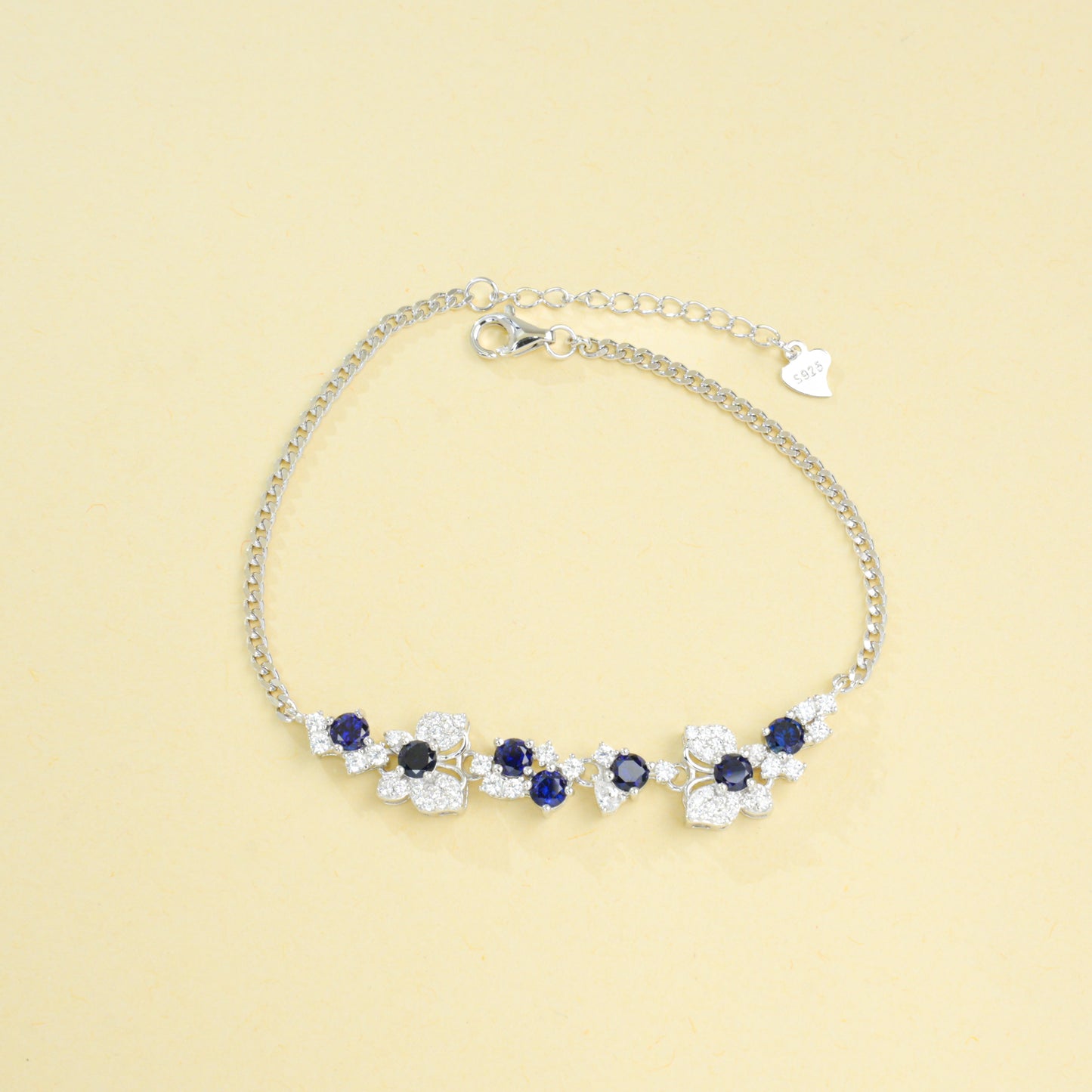 Lab Created Blue Sapphire Floral Cluster Bracelet, 925 Sterling Silver 1.49ct Green Gemstone Station Bracelet, 7 Stones