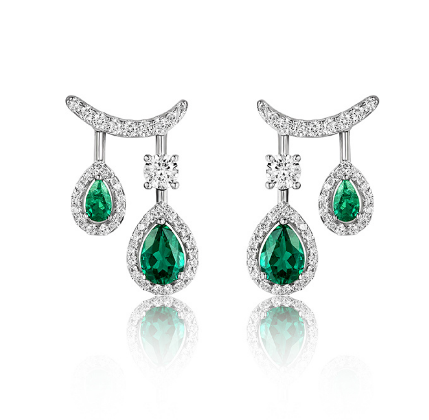 S925 Sterling Silver Emerald Pear Cut Front-Back Drop Earrings