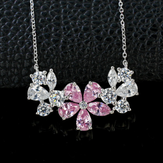 S925 Sterling Silver Pink Cubic Zirconia Flower Collar Necklace