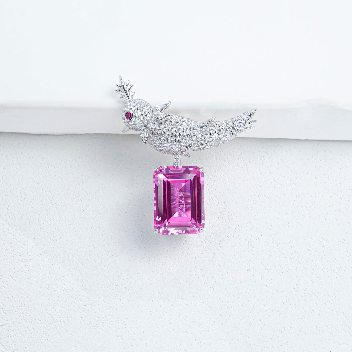 925 Sterling Silver Bird Brooch Pin, Emerald Cut Lab Created Padparadscha Pink Sapphire Brooch with Pave Zircon