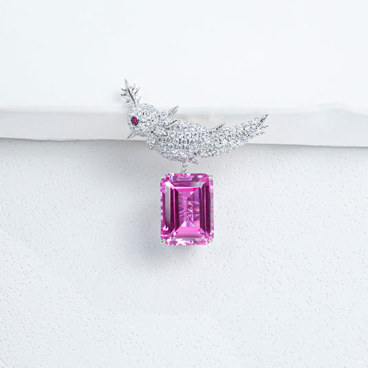 925 Sterling Silver Bird Brooch Pin, Emerald Cut Lab Created Padparadscha Pink Sapphire Brooch with Pave Zircon