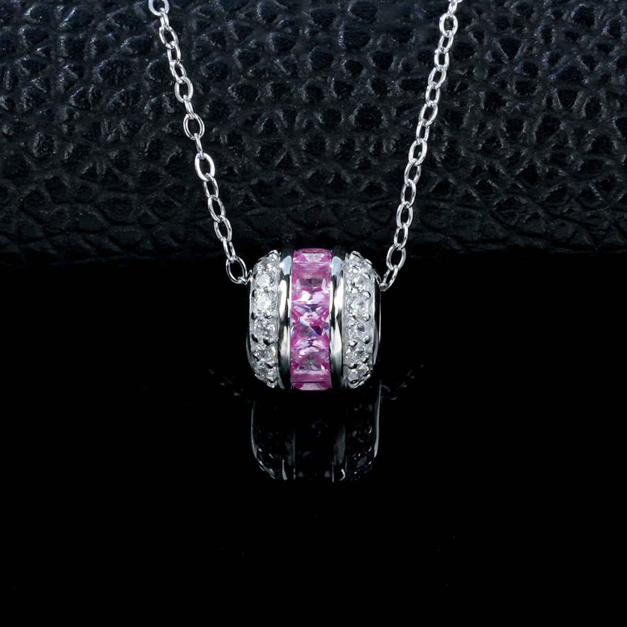 925 Sterling Silver Lab Grown Padparadscha Sapphire Barrel Pendant Necklace - Pave Cylinder Dainty Necklace