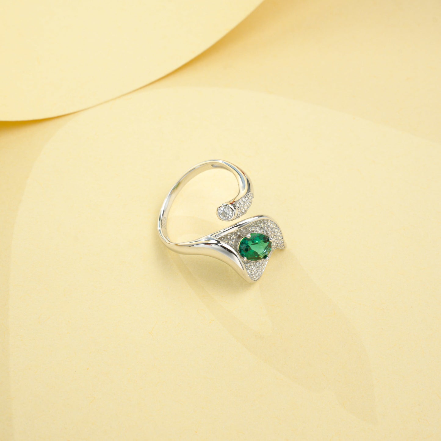 925 Sterling Silver Bypass Open Ring, 0.67ct Oval Lab Grown Emerald Adjustable Ring with Pave CZ