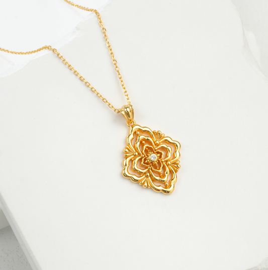 S925 Sterling Silver K Gold Plated Vintage Filigree Floral Openwork Pendant Necklace