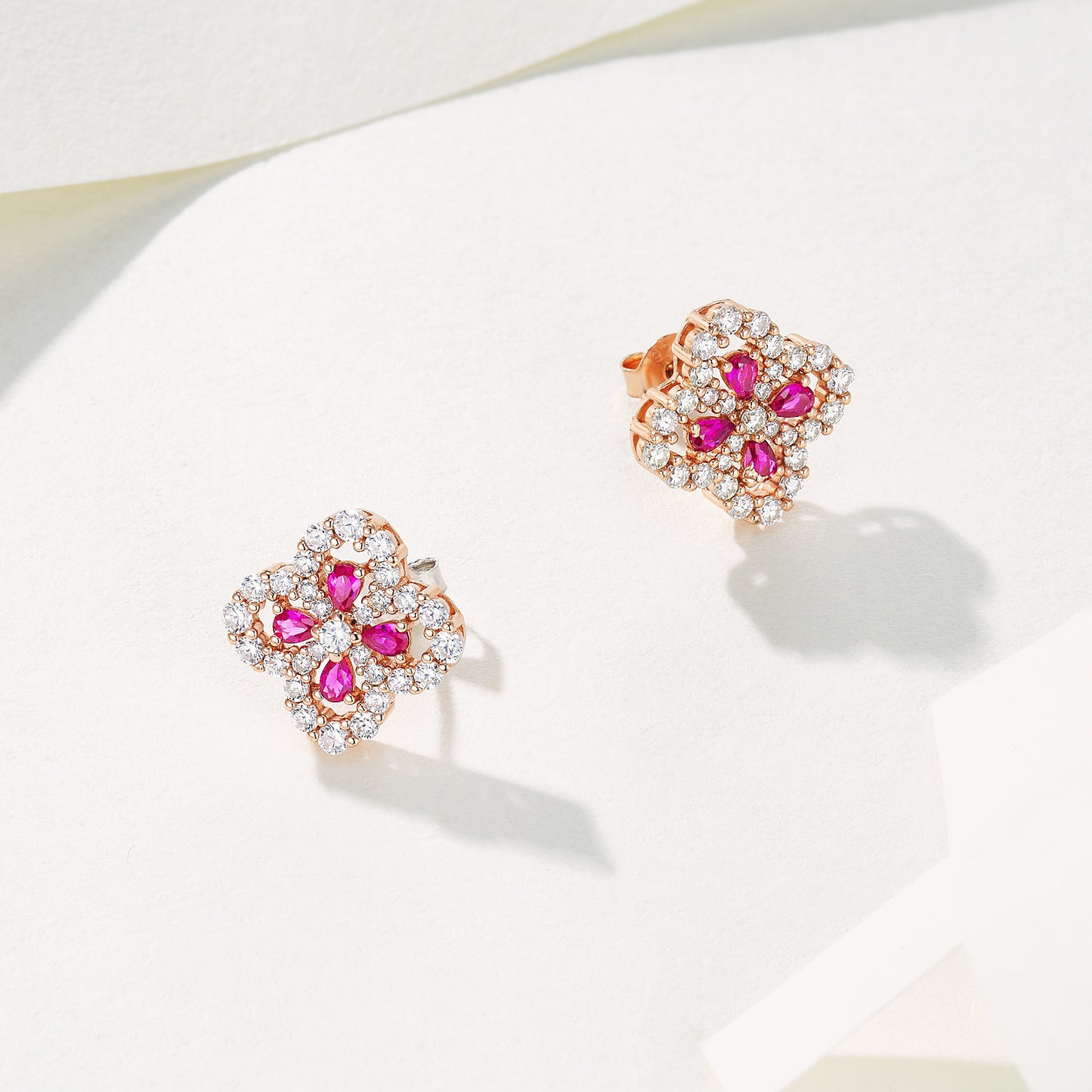 Lab Grown Ruby Four Leaf Clover Stud Earrings, 925 Sterling Silver Rose Gold Pave Earrings for Women