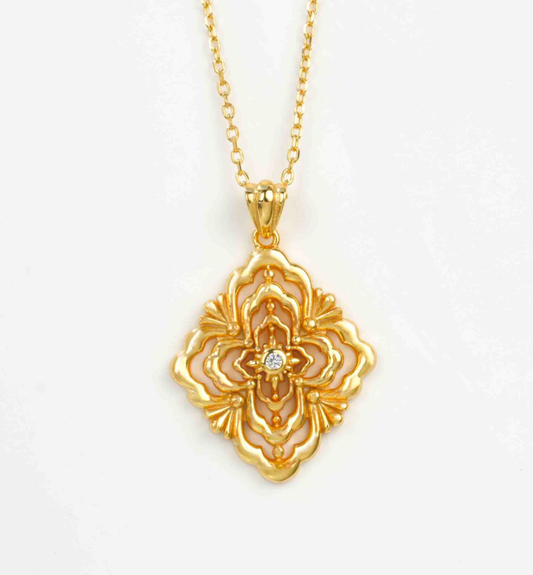 S925 Sterling Silver K Gold Plated Vintage Filigree Floral Openwork Pendant Necklace