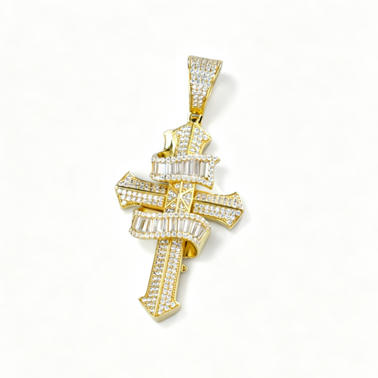 Iced Out Double Cross Pendant, Gold Plated 925 Sterling Silver Baguette Cut Hip Hop Charm