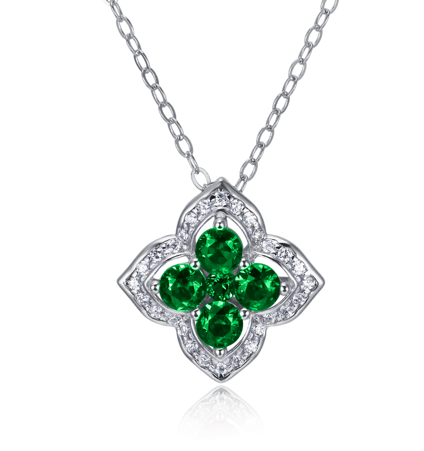 S925 Sterling Silver Lab Grown Emerald Four Leaf Clover Pendant Necklace