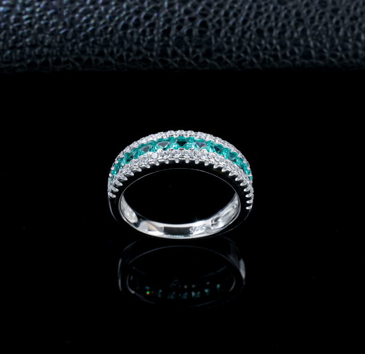 S925 Sterling Silver Lab Grown Paraiba Hue Green Garnet Half Eternity Ring