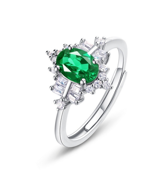 S925 Sterling Silver Emerald Starburst Halo Adjustable Ring