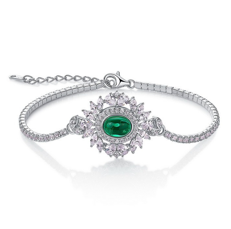 S925 Sterling Silver Emerald Cabochon Vintage Starburst Adjustable Bracelet