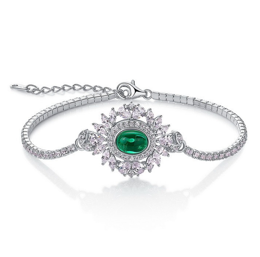 S925 Sterling Silver Emerald Cabochon Vintage Starburst Adjustable Bracelet