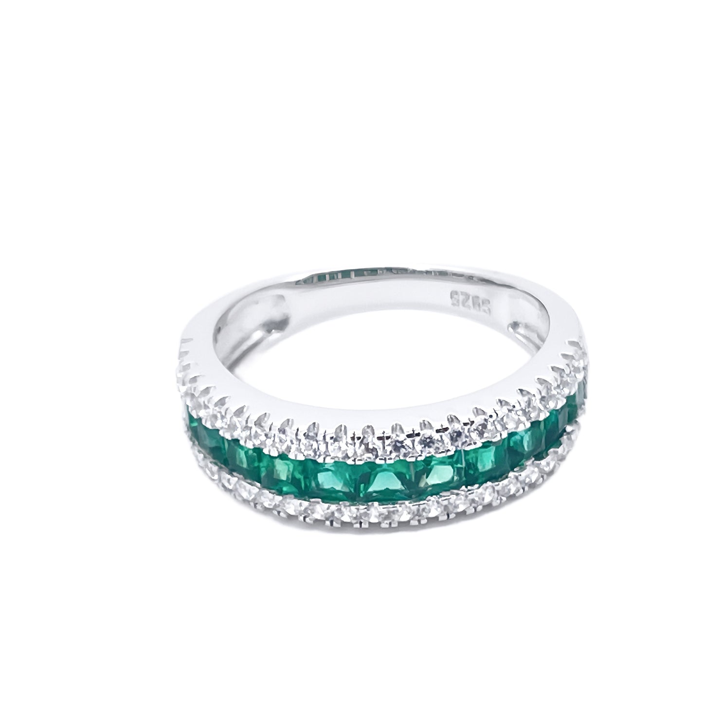 Lab Grown Emerald Half Eternity Band Ring, 925 Sterling Silver Princess Cut Channel Set Stackable Ring