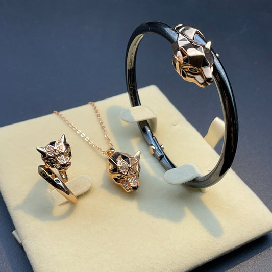925 Sterling Silver Panther Head Nano Ceramic Jewelry 3-Piece Set Rose Gold