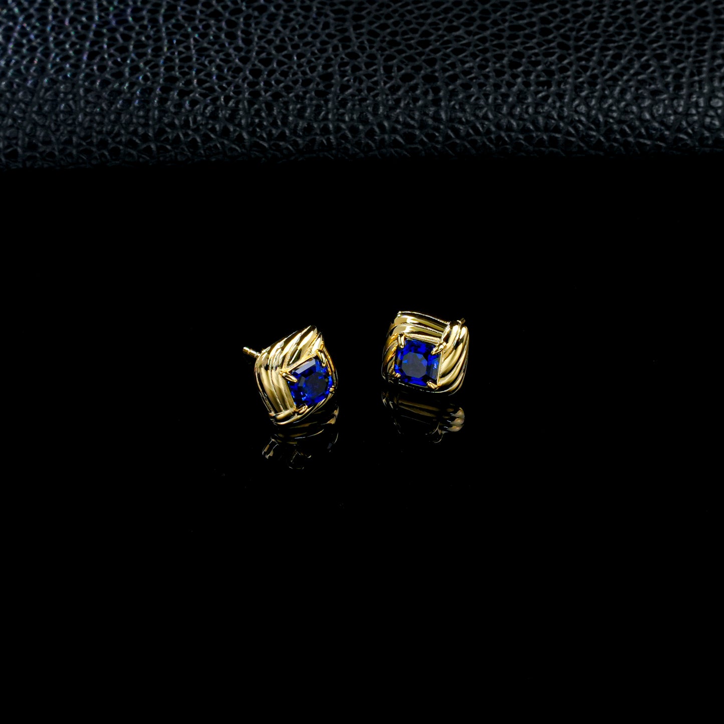 925 Sterling Silver Gold-Plated Square Twist Earrings | 5mm Princess Cut Lab-Grown Blue Sapphire Stud Earrings