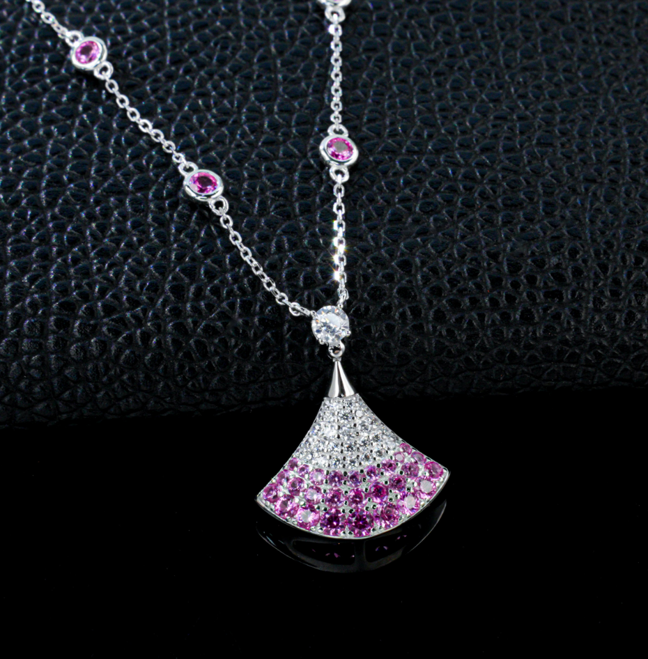 S925 Sterling Silver Lab Grown Padparadscha Sapphire Fan Shape Station Chain Necklace
