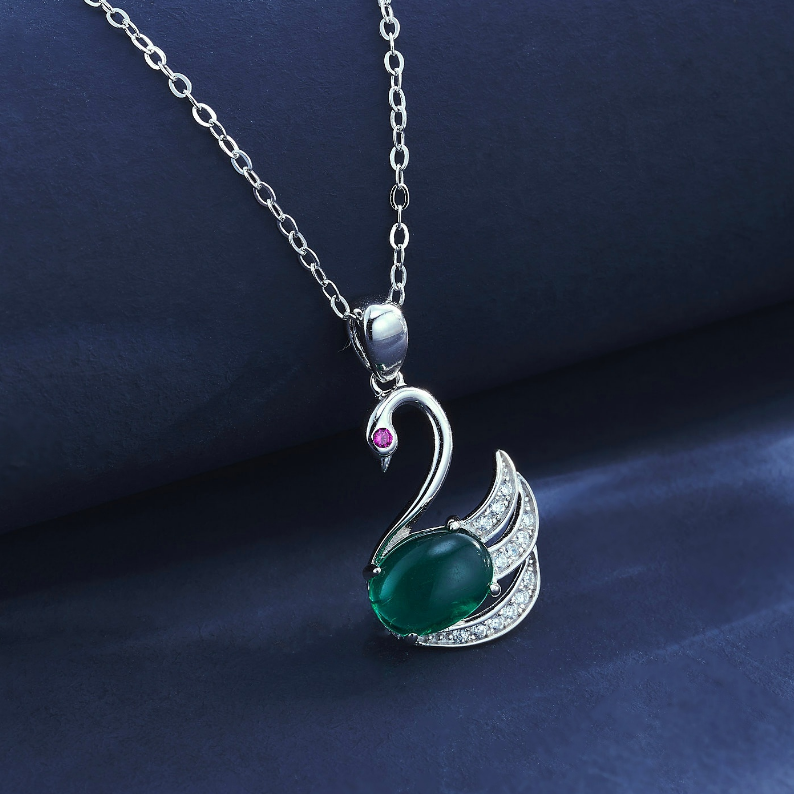 S925 Sterling Silver Lab Grown Emerald Cabochon Swan Pendant Necklace
