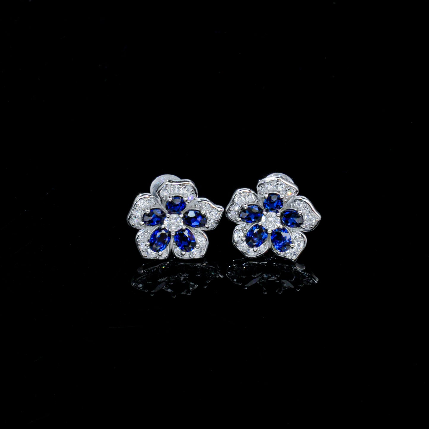 925 Sterling Silver Flower Stud Earrings, Oval Cut Lab Grown Blue Sapphire Earrings with Pave CZ