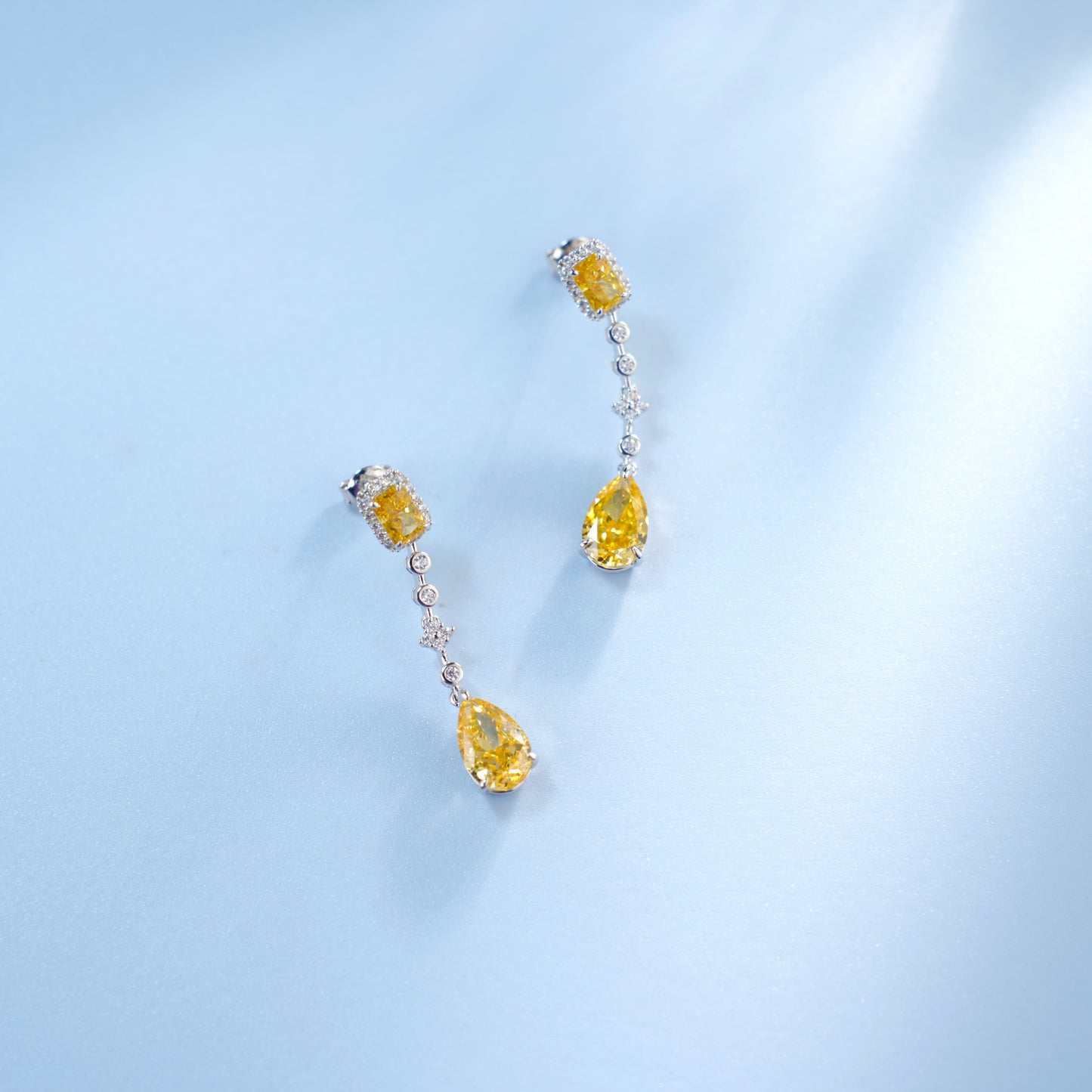 925 Sterling Silver Yellow Cubic Zirconia Drop Earrings | Emerald Cut & Pear Shape Dangle Earrings