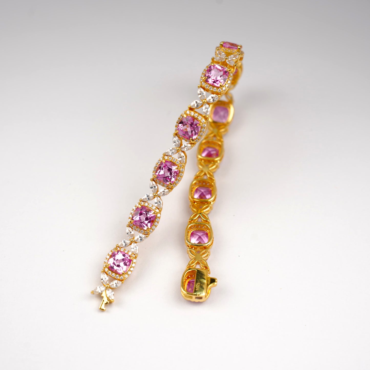 Lab Grown Padparadscha Sapphire Bracelet, 925 Sterling Silver Gold Plated, Cushion Cut Halo