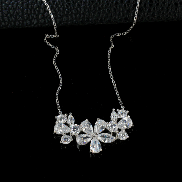 S925 Sterling Silver Clear Cubic Zirconia Flower Collar Necklace