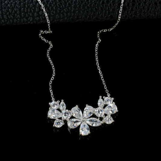 S925 Sterling Silver Clear Cubic Zirconia Flower Collar Necklace