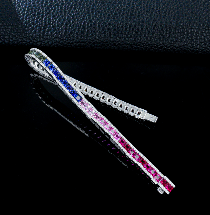S925 Sterling Silver Gradient Colored Gemstone Tennis Bracelet