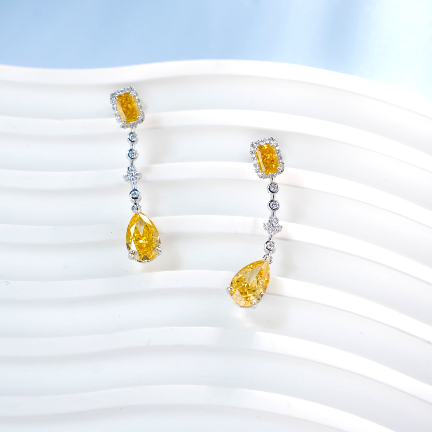 925 Sterling Silver Yellow Cubic Zirconia Drop Earrings | Emerald Cut & Pear Shape Dangle Earrings