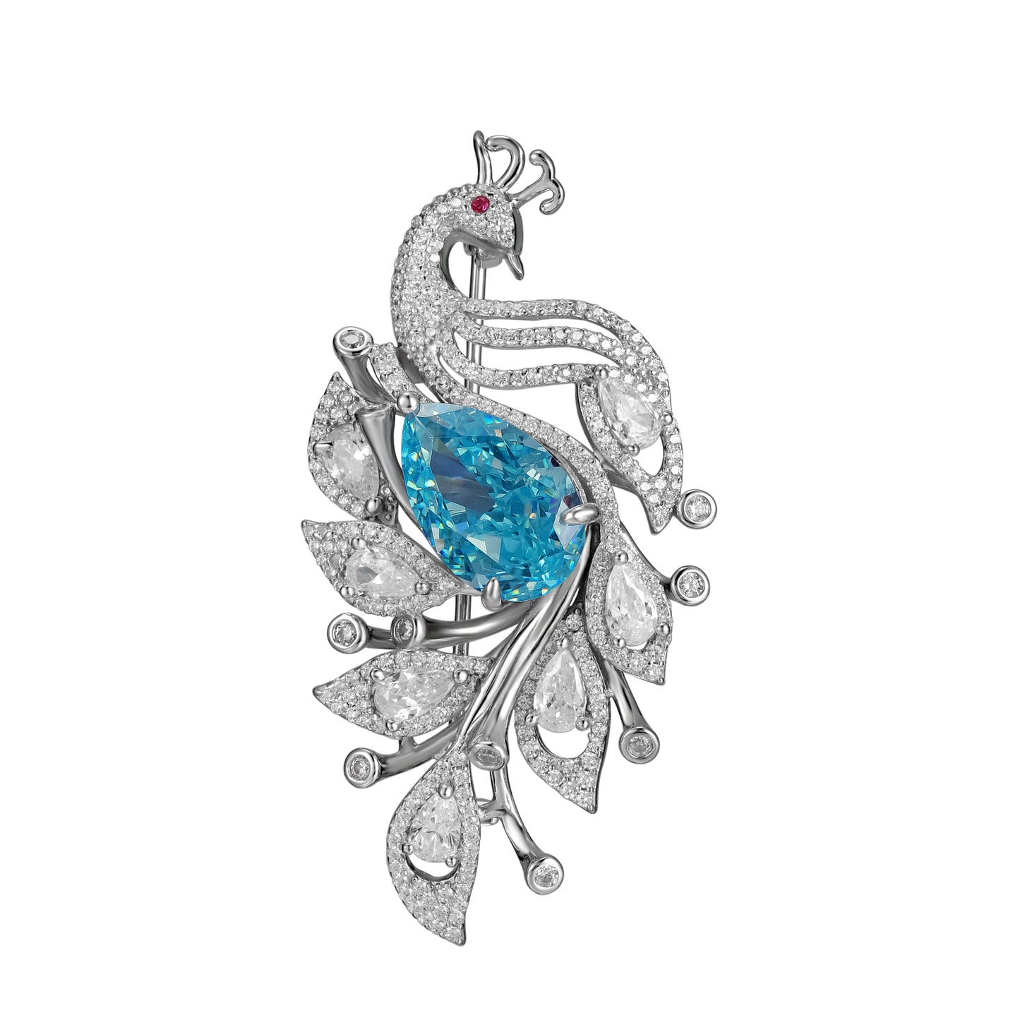 Blue Cubic Zirconia Peacock Brooch Pin, 925 Sterling Silver 10.6ct CZ Statement Bird Jewelry