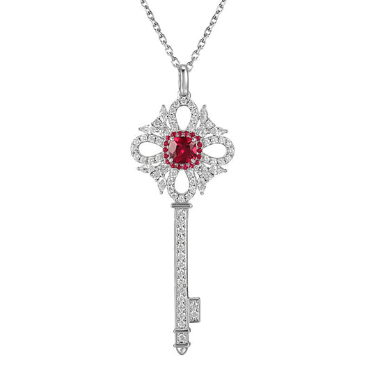 925 Sterling Silver Lab-Grown Ruby Key Pendant Necklace | Vintage Halo Key Charm Necklace