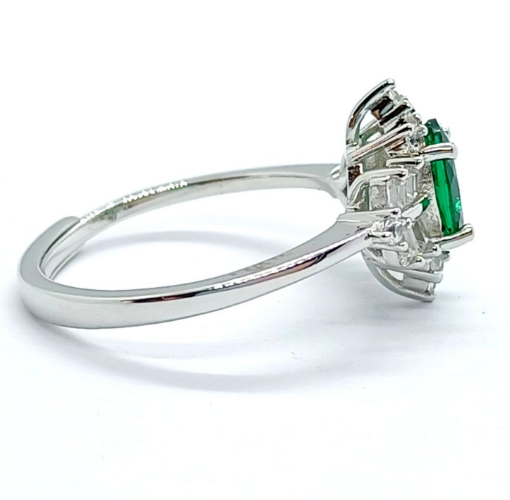 S925 Sterling Silver Emerald Starburst Halo Adjustable Ring