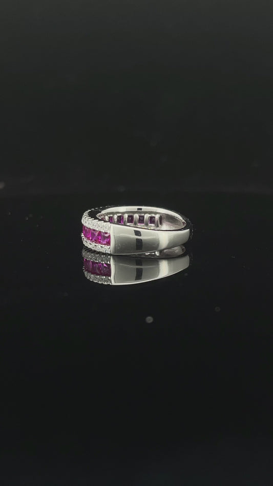 Lab Grown Ruby Half Eternity Band Ring, 925 Sterling Silver Princess Cut Channel Set Stackable Ring