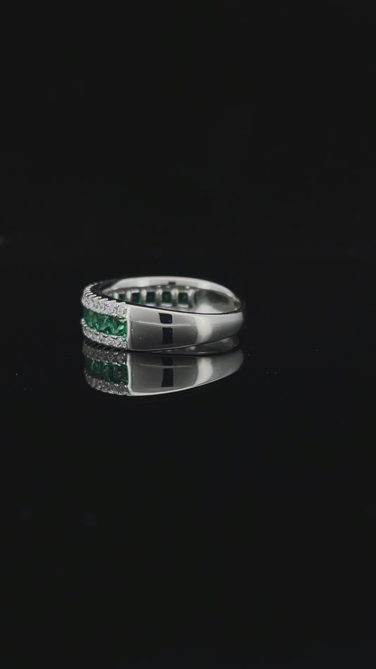 Lab Grown Emerald Half Eternity Band Ring, 925 Sterling Silver Princess Cut Channel Set Stackable Ring